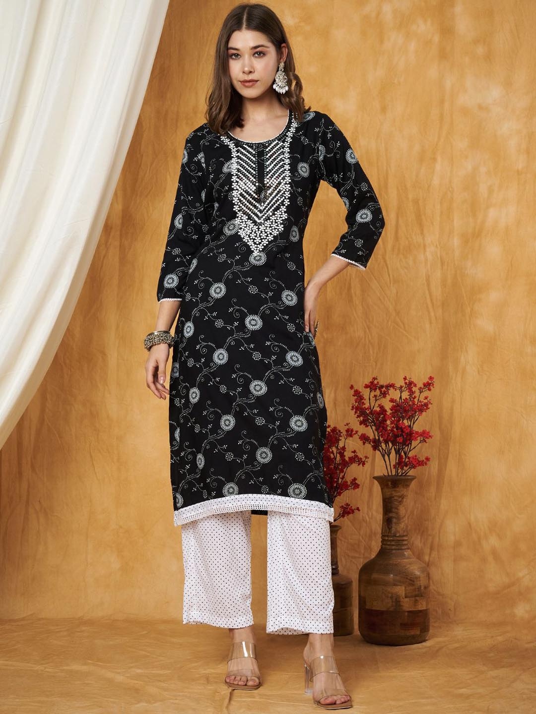 

Label Khoj Ethnic Motifs Printed Sequins Embroidered Work Detail Kurta With Trouser, Black