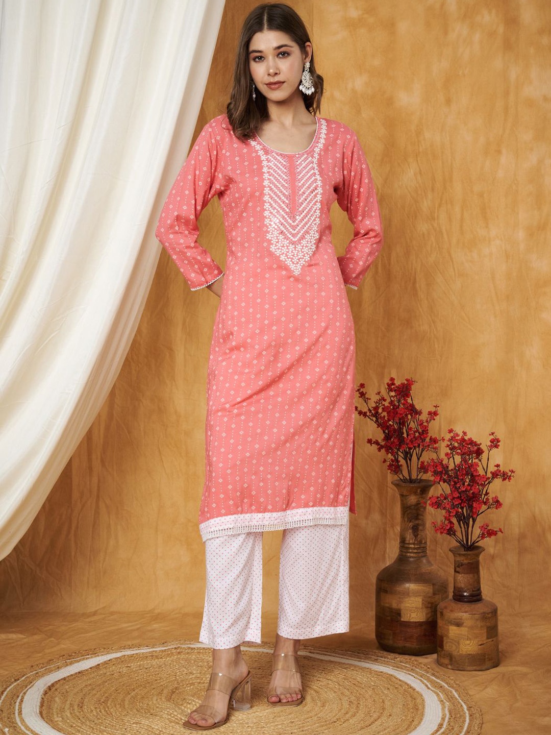 

Label Khoj Ethnic Motifs Printed Sequins Embroidered Work Detail Kurta With Trouser, Orange