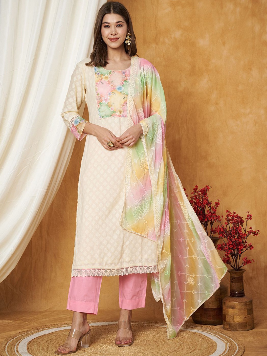 

Label Khoj Floral Embroidered Kurta with Trouser And Dupatta, Beige