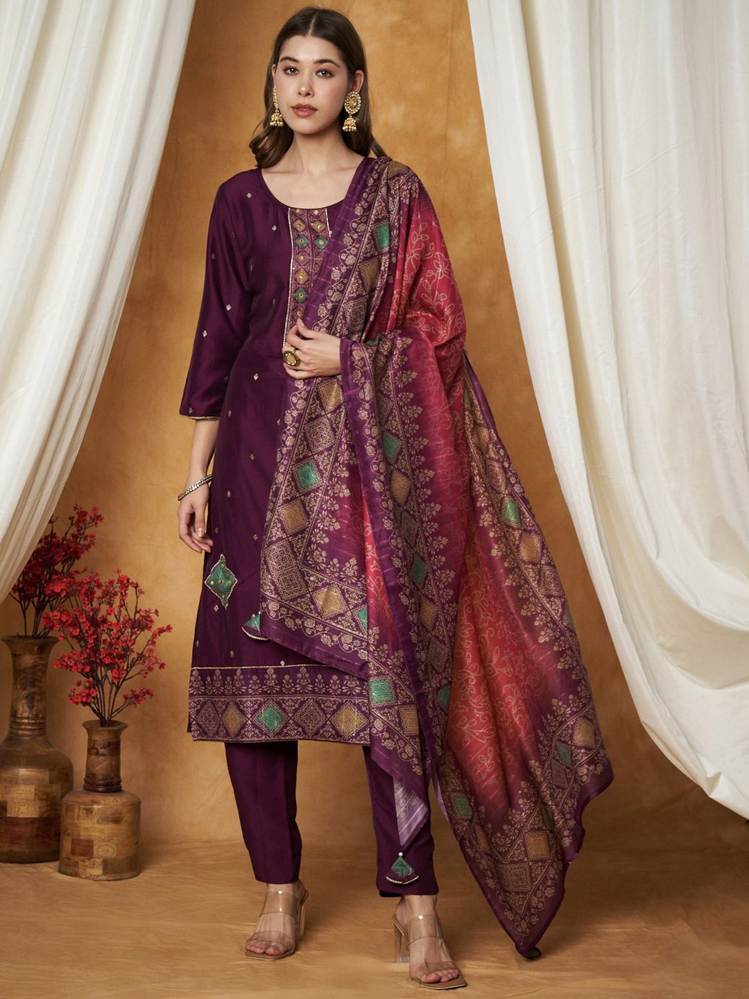 

Label Khoj Ethnic Motifs Embroidered Sequinned Kurta With Trouser And Dupatta, Purple