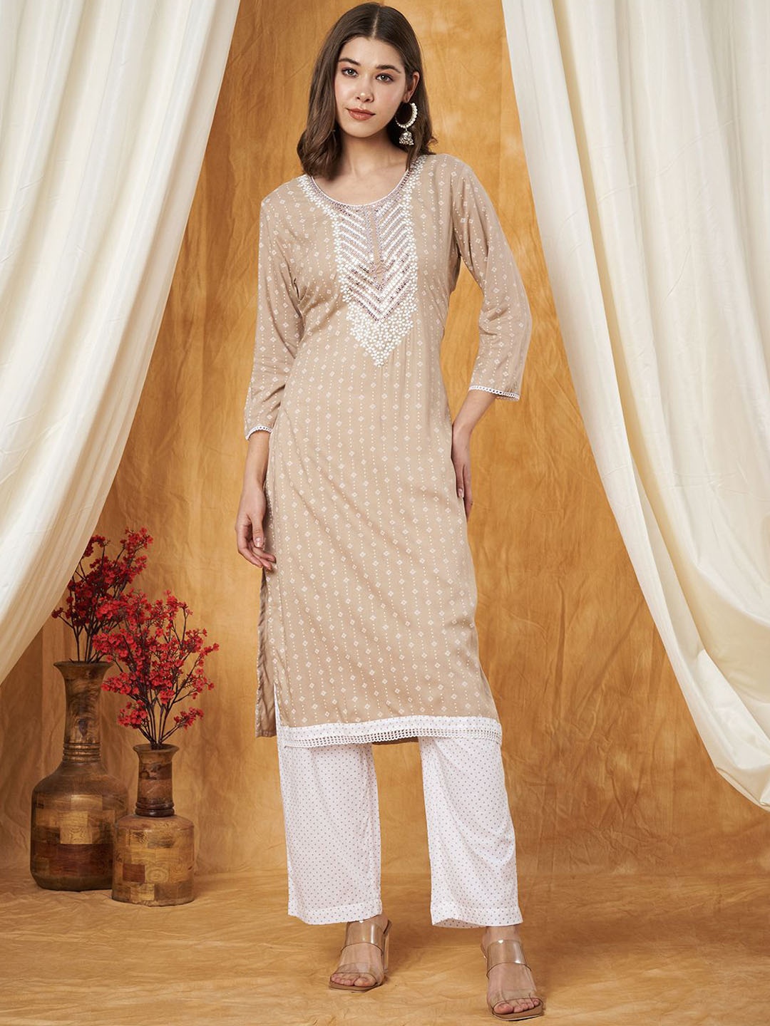 

Label Khoj Ethnic Motifs Printed Sequins Embroidered Work Detail Kurta With Trouser, Beige