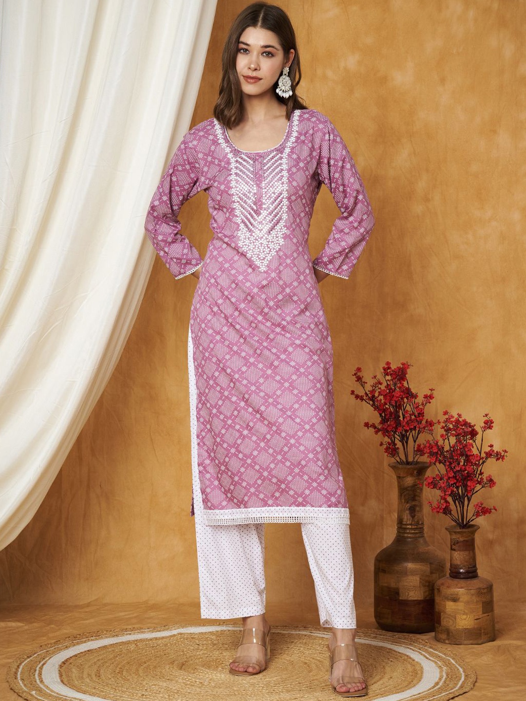 

Label Khoj Ethnic Motifs Printed Sequins Embroidered Work Detail Kurta With Trouser, Purple