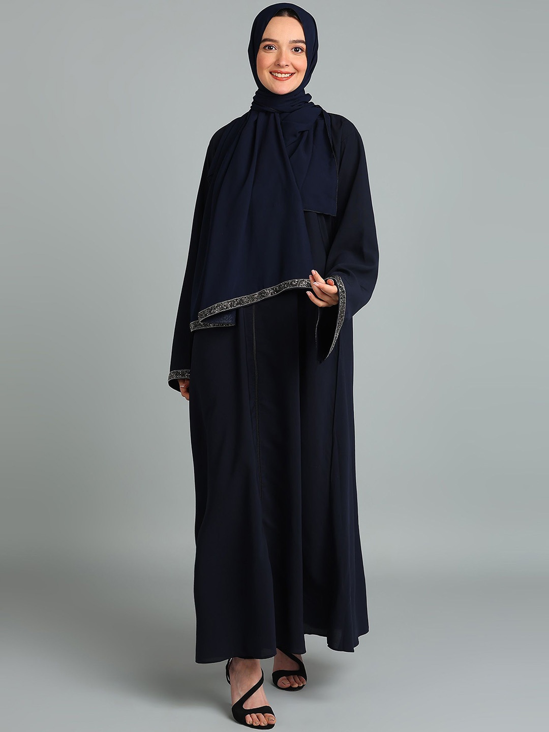 

BROKE BRAND Women Solid Zipper Abaya Burqa With Stone Sleeves, Blue
