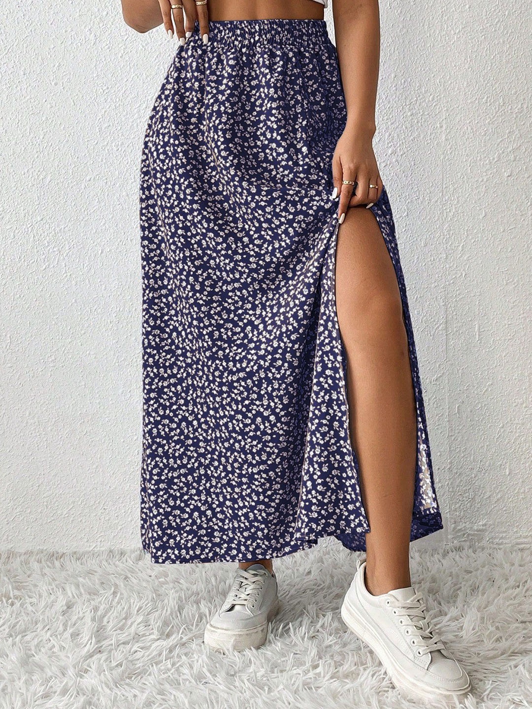 

KATECLO Women Printed Boho Style Side Slit Maxi Skirt, Navy blue