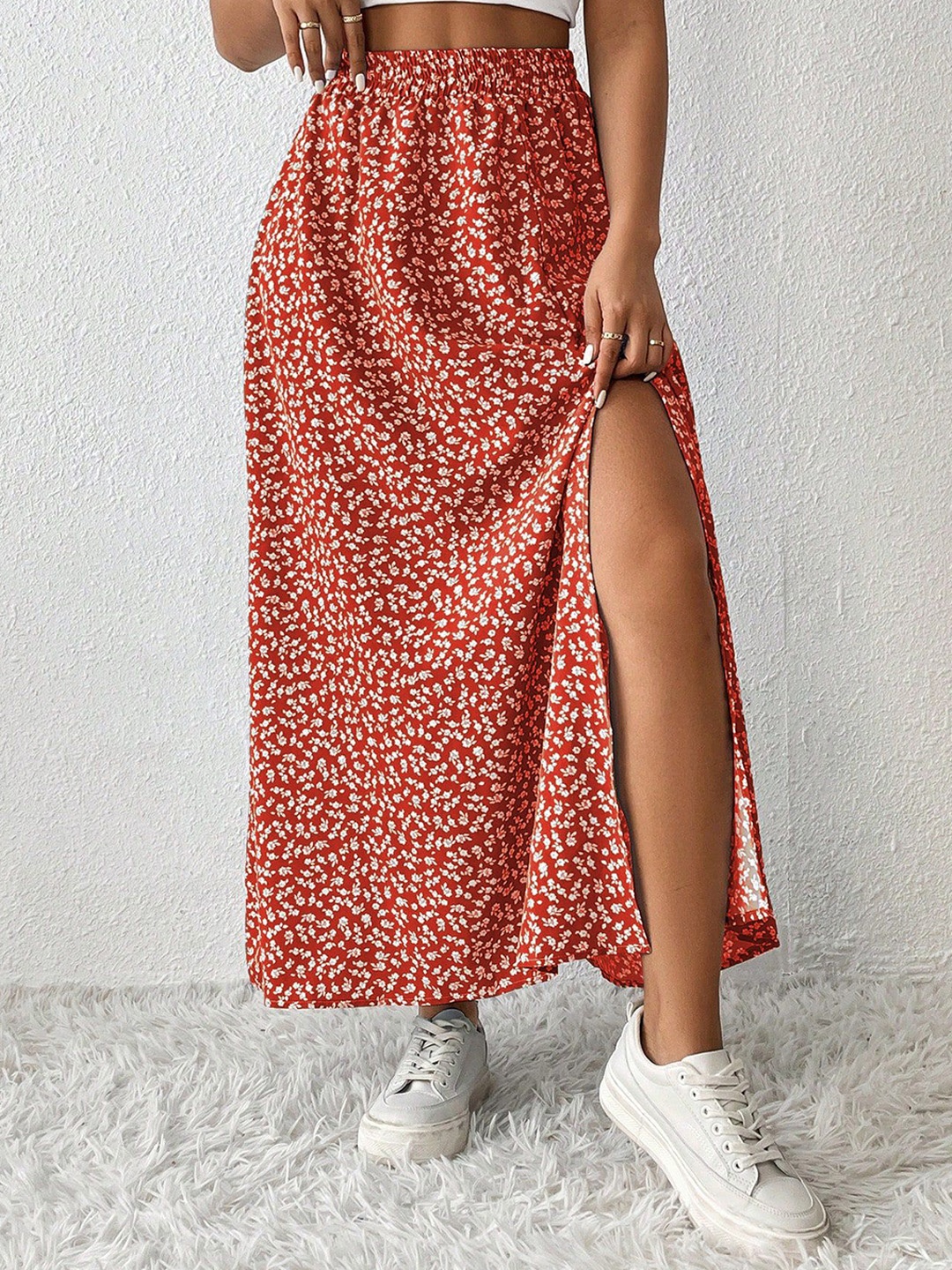 

KATECLO Women Floral Printed Maxi Skirt, Red