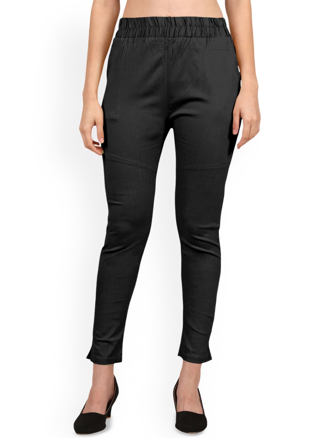 

Mehrang Women Relaxed Mid-Rise Cotton Cigarette Trousers, Black