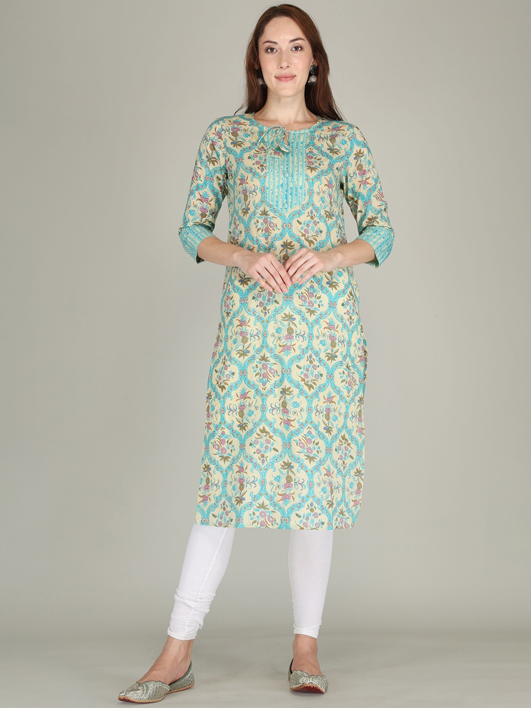 

AJ ART Ethnic Motifs Printed Tie-Up Neck Straight Kurta, Green