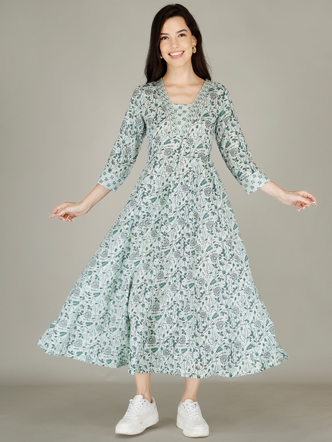 

AJ ART Floral Printed Fit & Flared V- Neck Anarkali Ethnic Dress, Grey