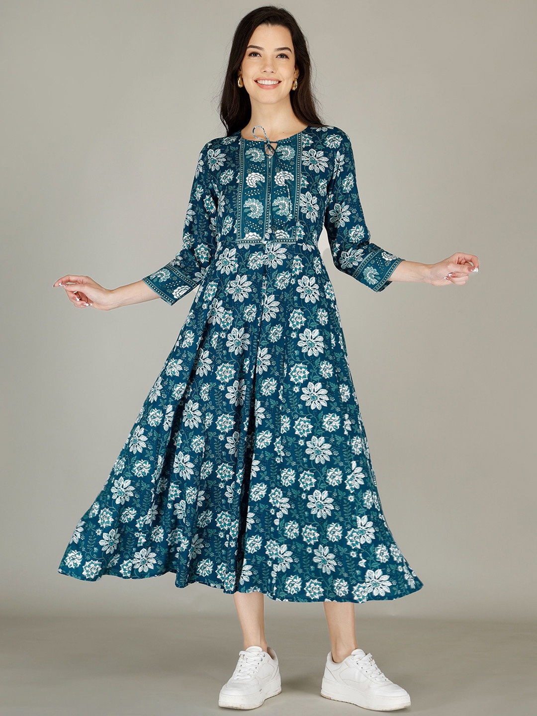 

AJ ART Floral Printed Tie-Up Neck Anarkali Kurta, Green