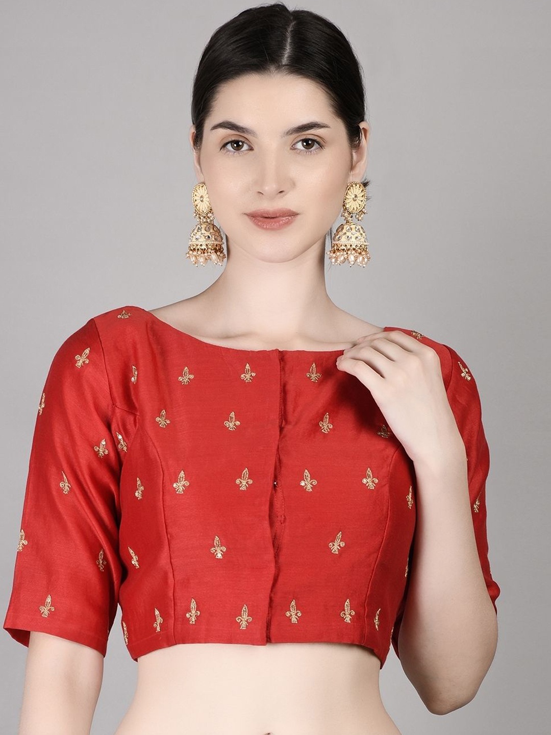 

PALASH Hand Embroidered Boat Neck Chanderi Blouse, Red