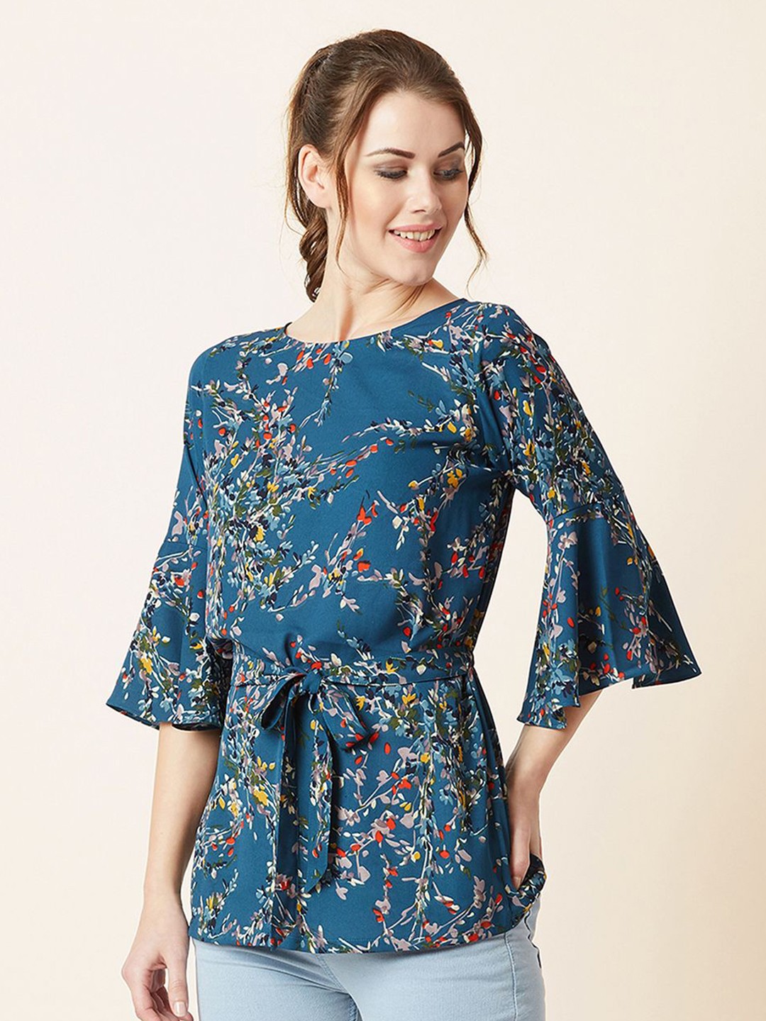 

Mast & Harbour Women Floral Printed Cinched Waist Top, Blue