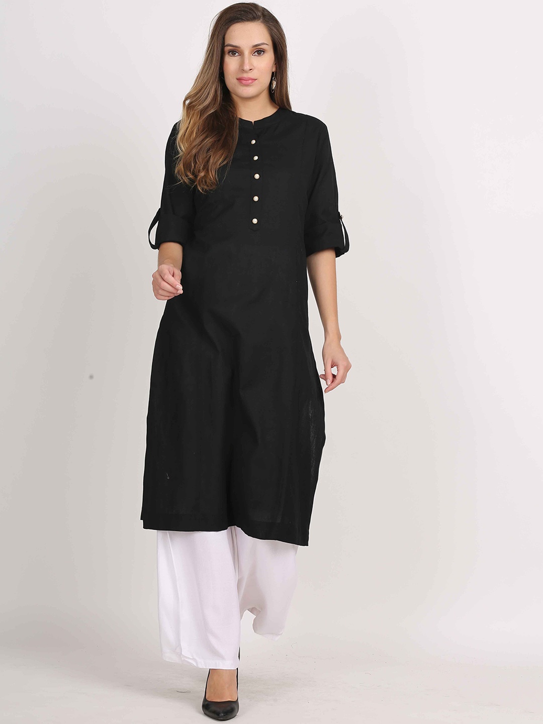 

Jivitha Mandarin Collar Roll-Up Sleeves A-Line Kurta, Black