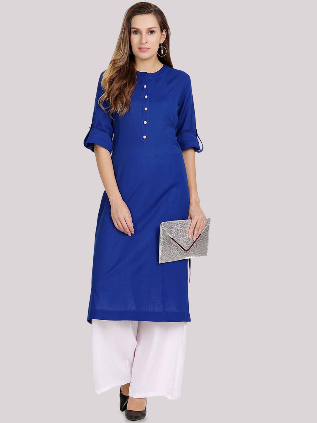 

Jivitha Round Neck Roll-Up Cotton Sleeves Straight Kurta, Blue