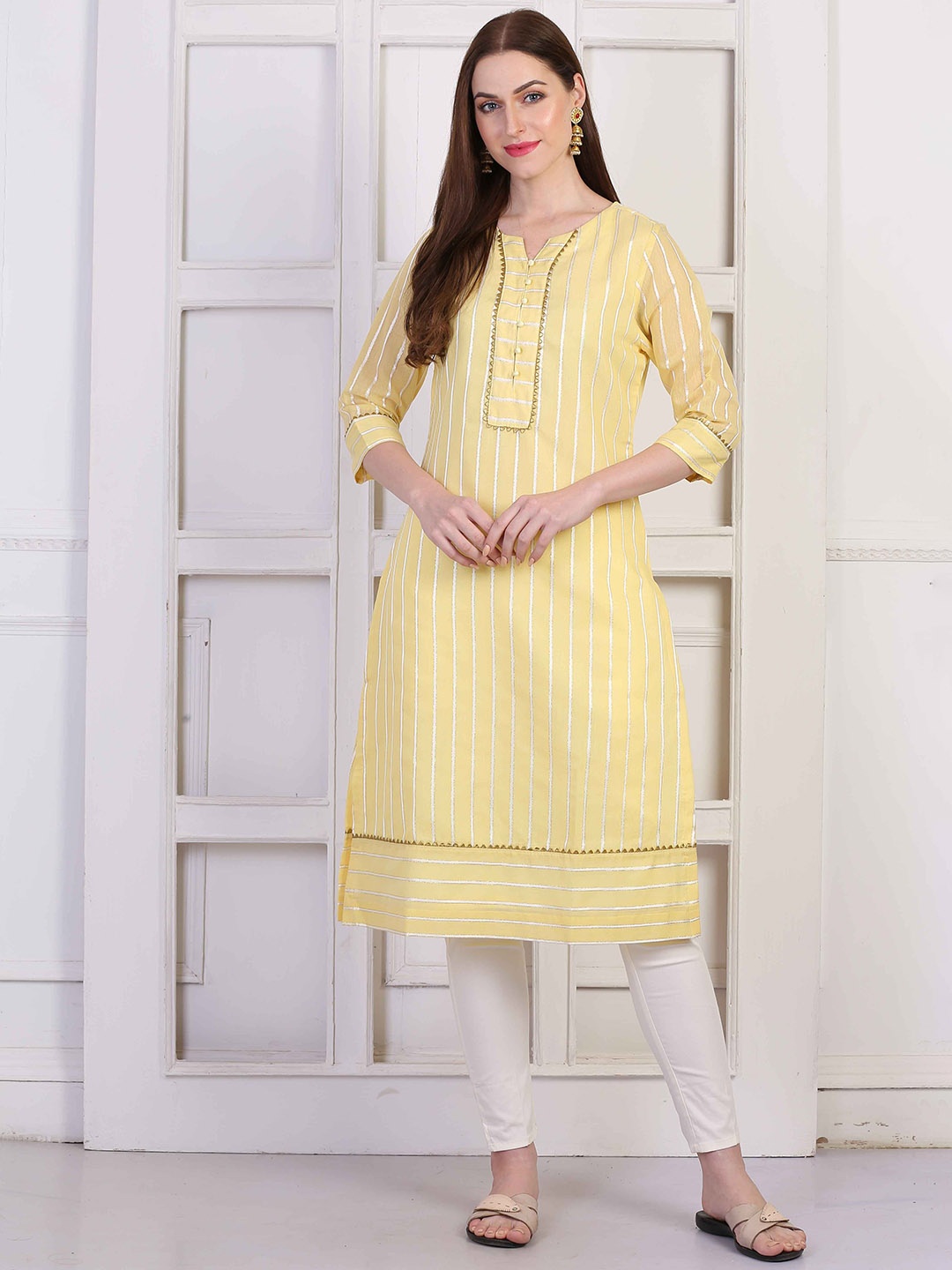 

Jivitha Striped Notch-Neck Straight Kurta, Yellow