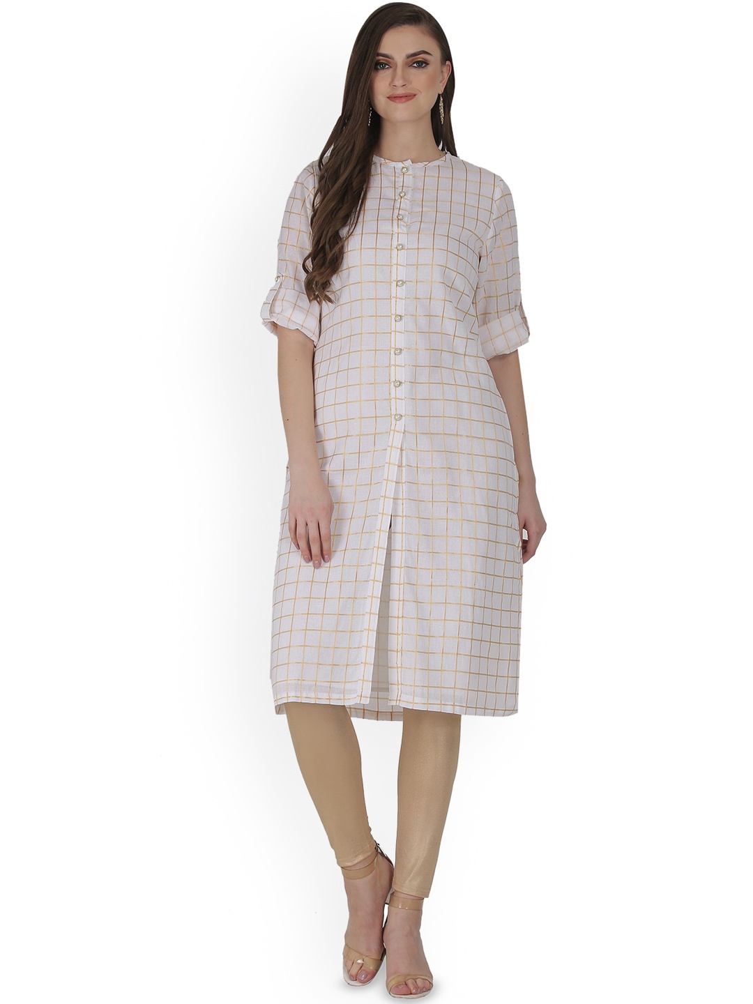 

Jivitha Woven Design Checked Round Neck Roll-Up Sleeves A-Line Kurta, White