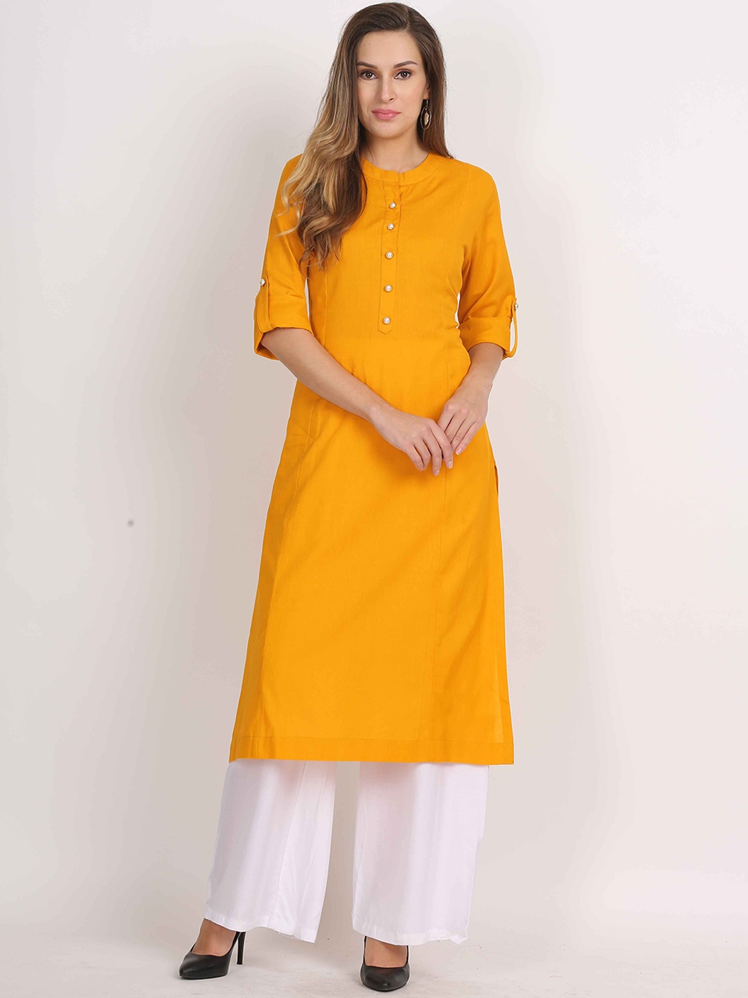 

Jivitha Mandarin Collar Roll-Up Sleeves Straight Kurta, Mustard