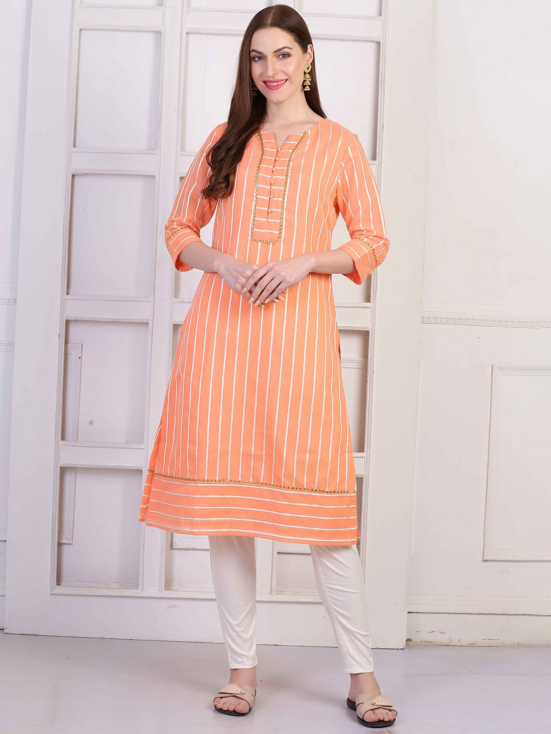 

Jivitha Striped Woven Design Notch-Neck Cotton Straight Kurta, Pink