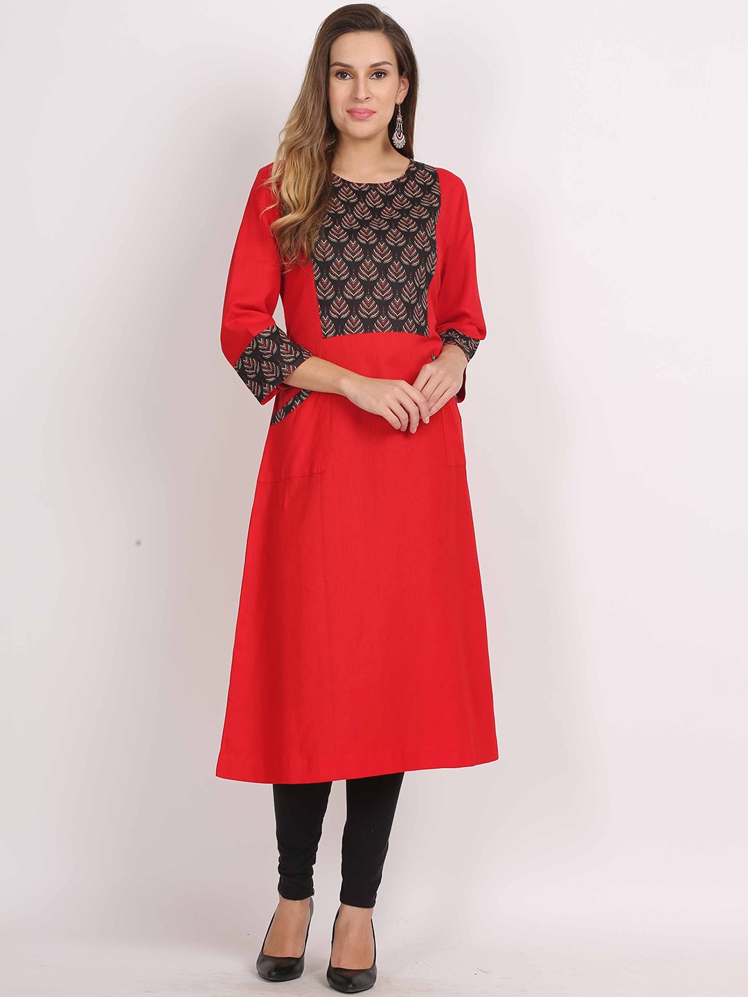 

Jivitha Floral Printed Round Neck Cotton Straight Kurta, Red