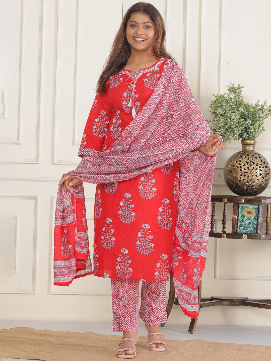 

KALINI Floral Printed Straight Pure Cotton Kurta With Trousers And Dupatta, Red