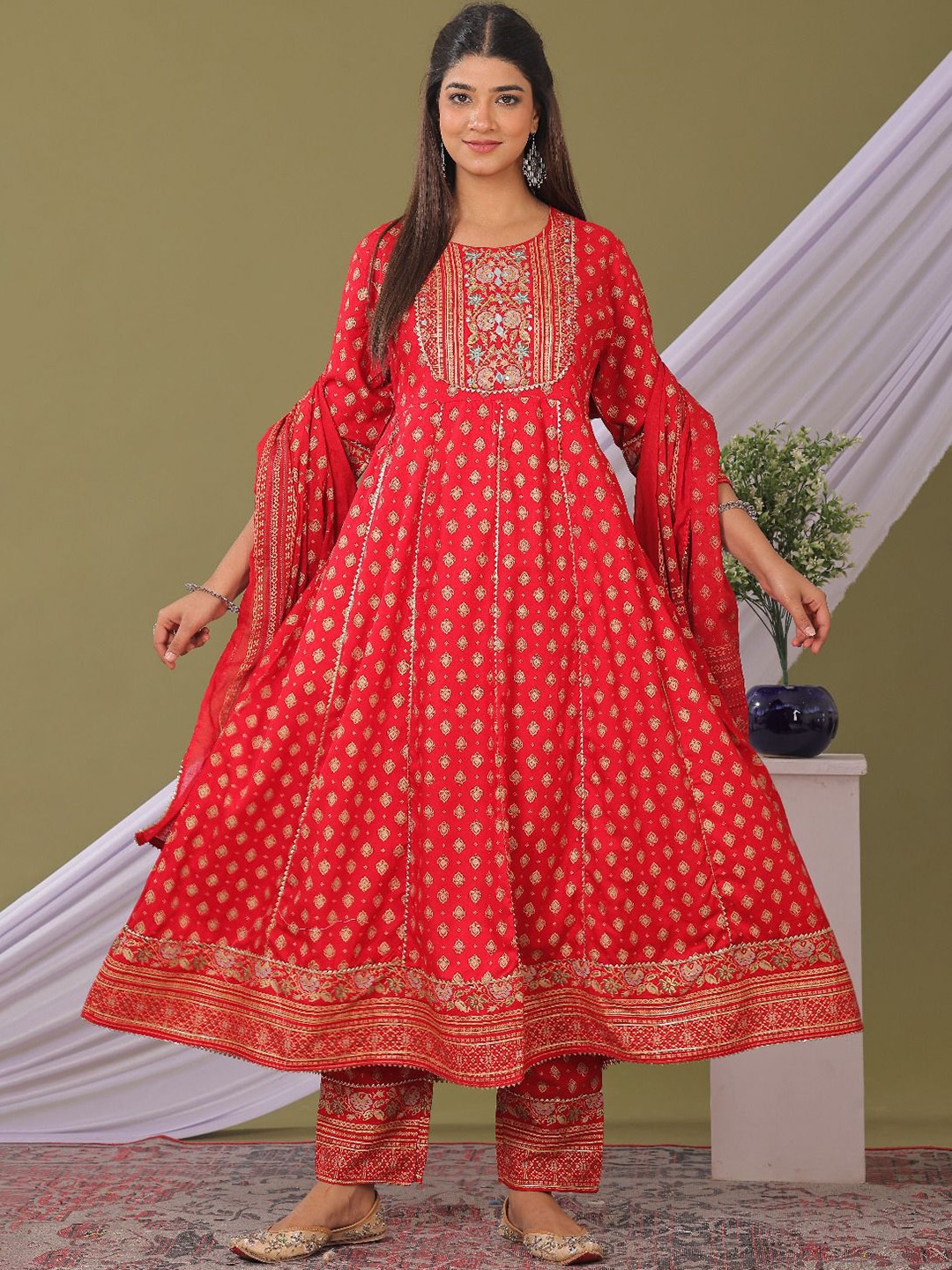 

KALINI Ethnic Motifs Printed Thread Work Anarkali Kurta with Trousers & With Dupatta, Red