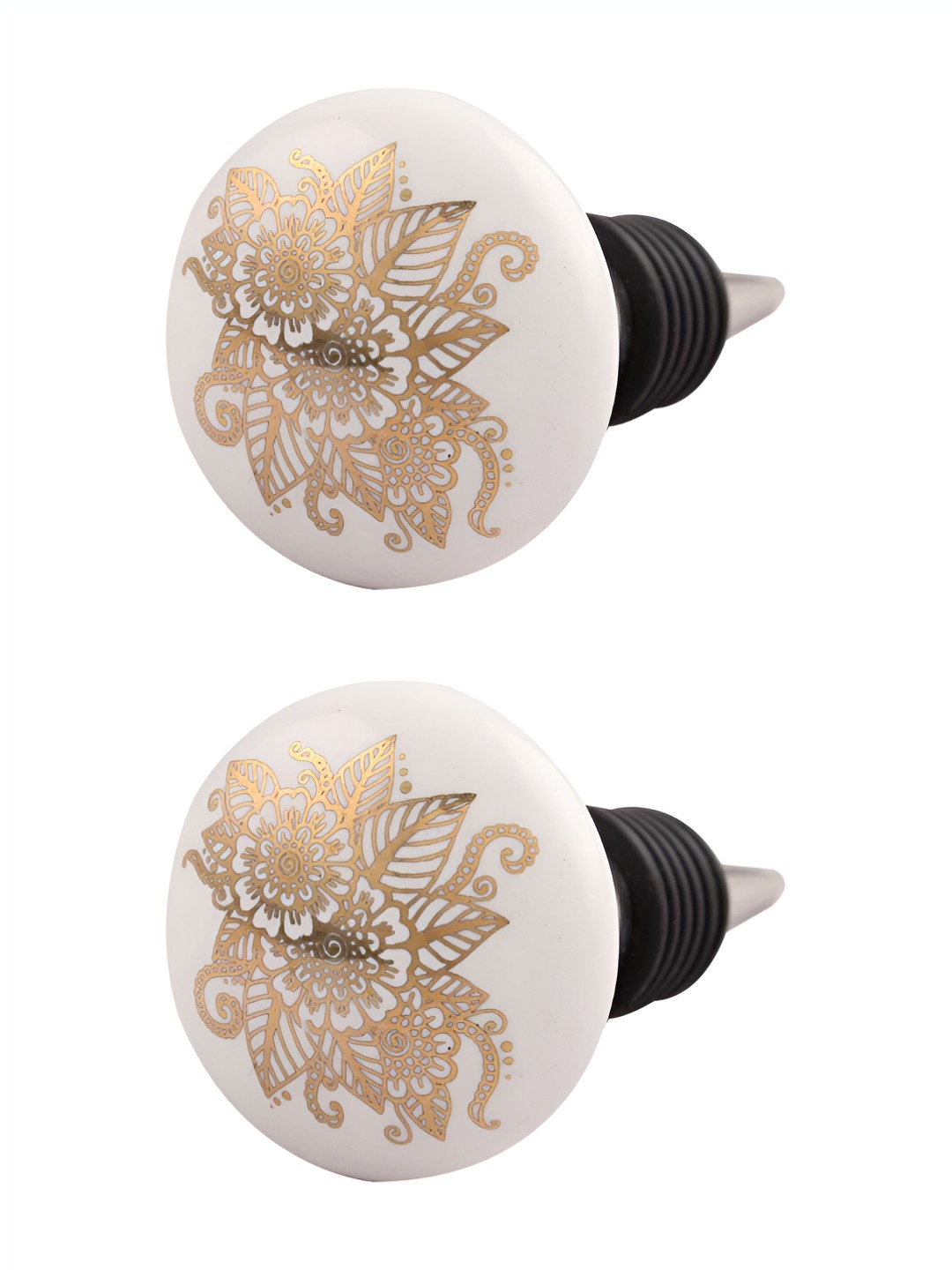 

Indianshelf Gold Toned & White 2 Pieces Floral Printed Ceramic Wine Bottle Stoppers