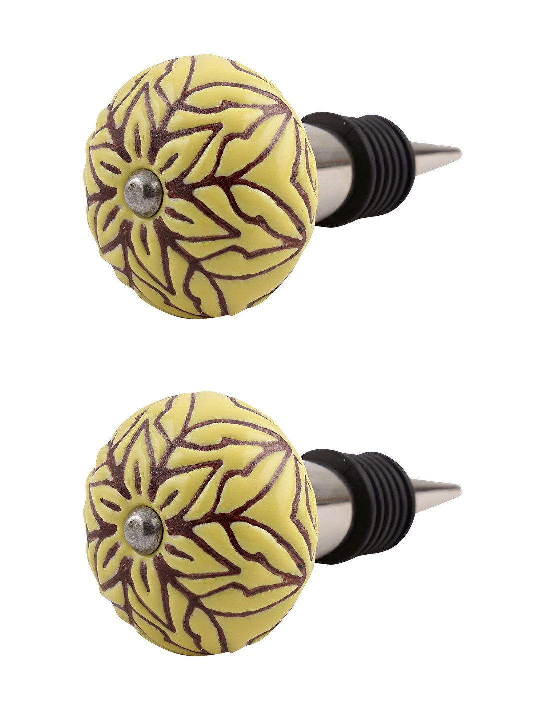 

Indianshelf Yellow and Brown 2 Pieces Floral Textured Ceramic Wine Bottle Stoppers