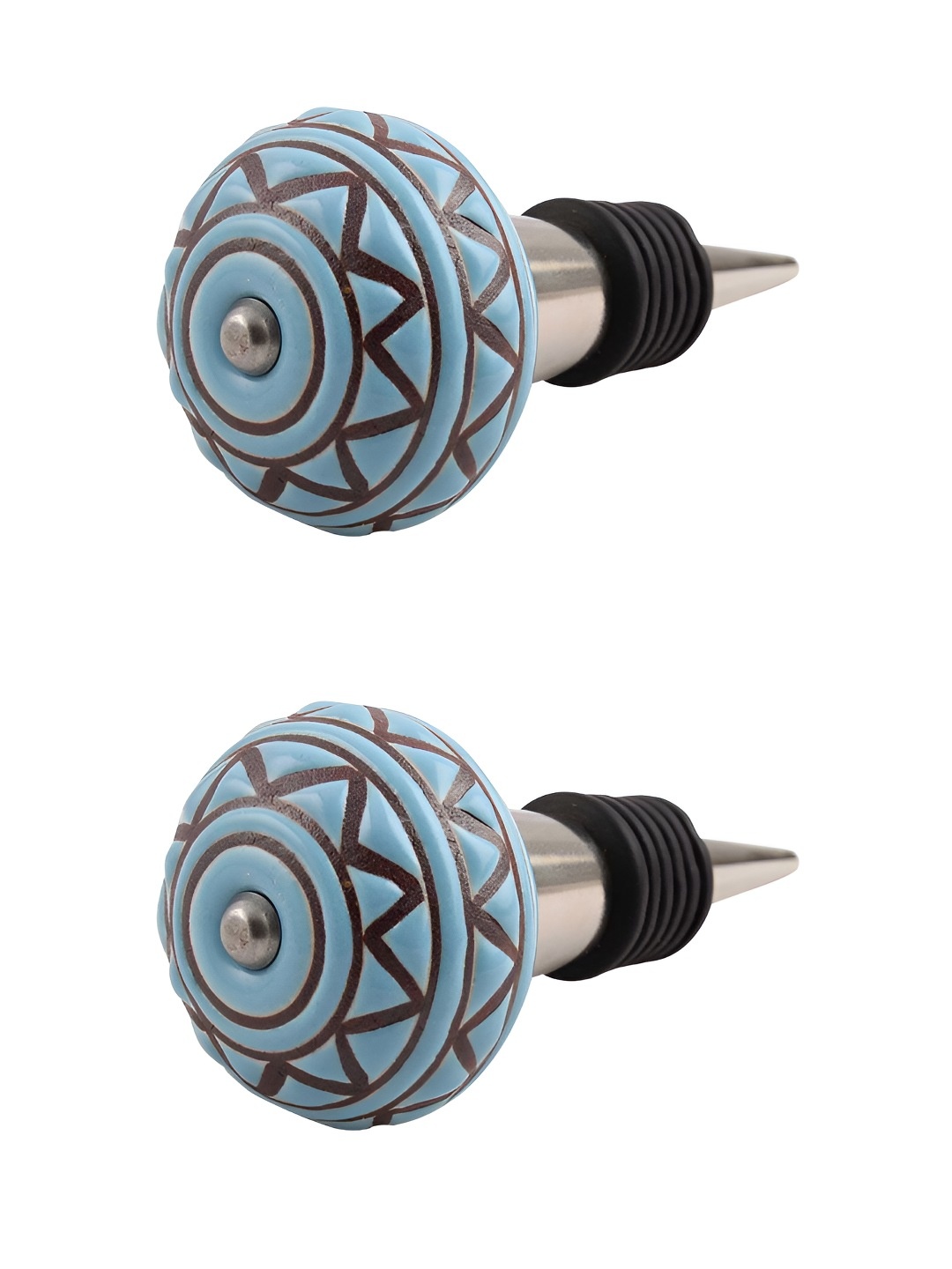 

Indianshelf Turquoise Blue & Black 2 Pieces Printed Ceramic Wine Bottle Stopper