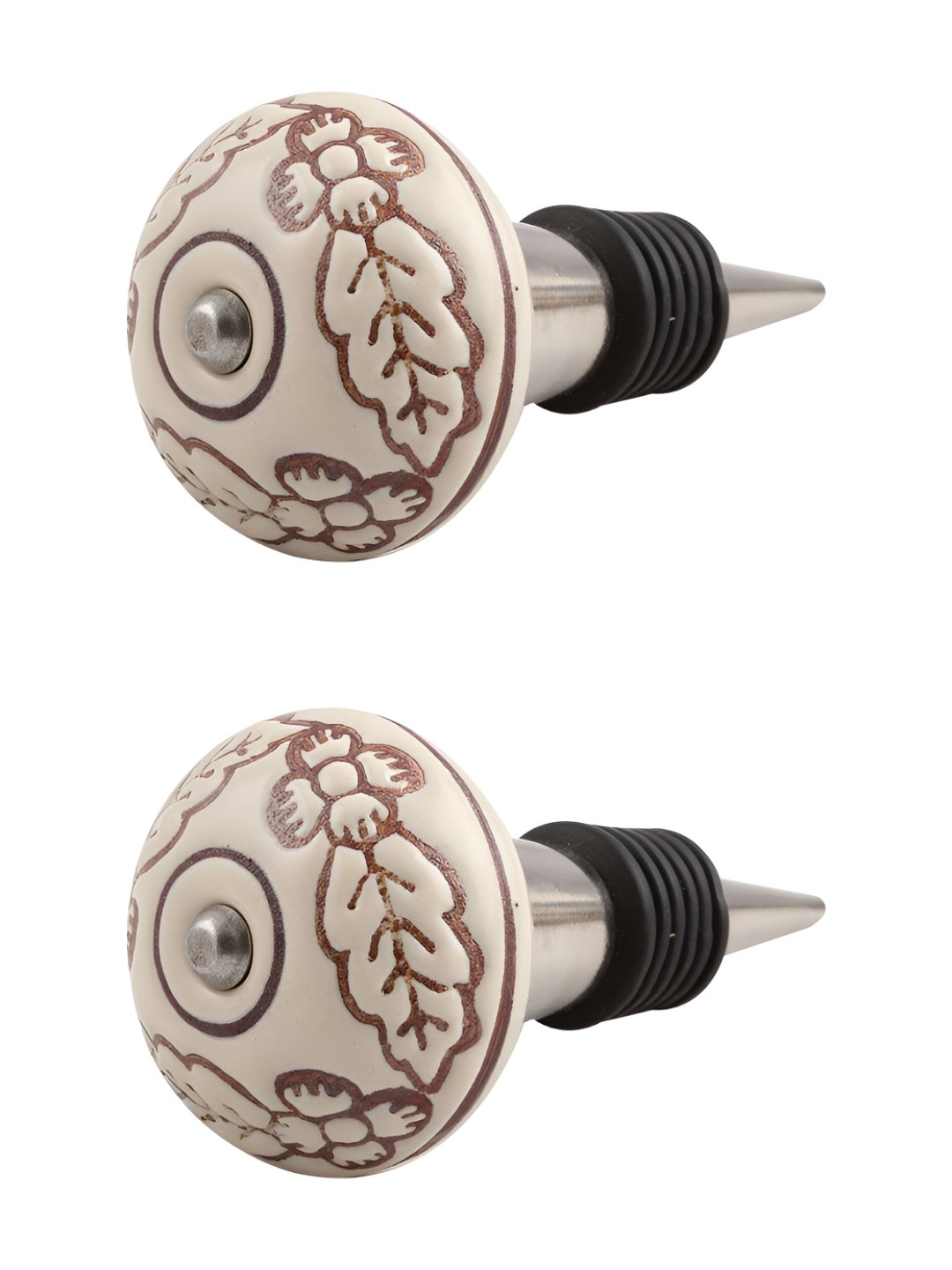 

Indianshelf Beige & Brown 2 Pieces Printed Ceramic Wine Bottle Stopper