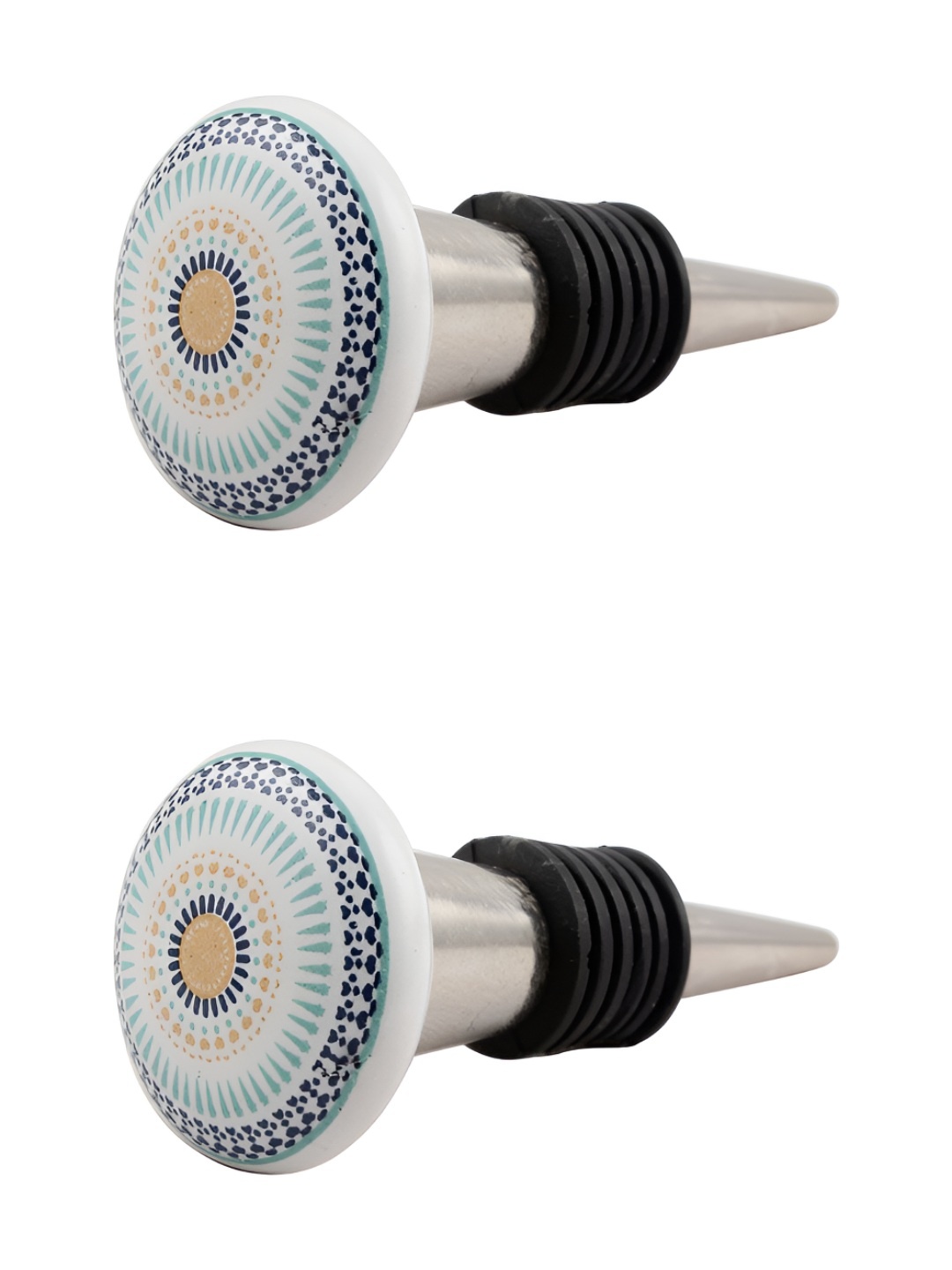 

Indianshelf Silver Toned & Black 2 Pieces Printed Ceramic Wine Bottle Stopper