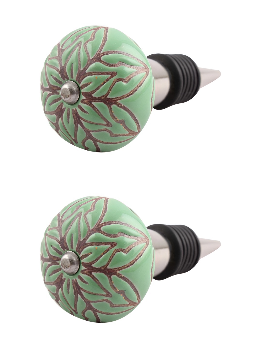 

Indianshelf Green & Brown 2 Pieces Printed Ceramic Wine Bottle Stopper