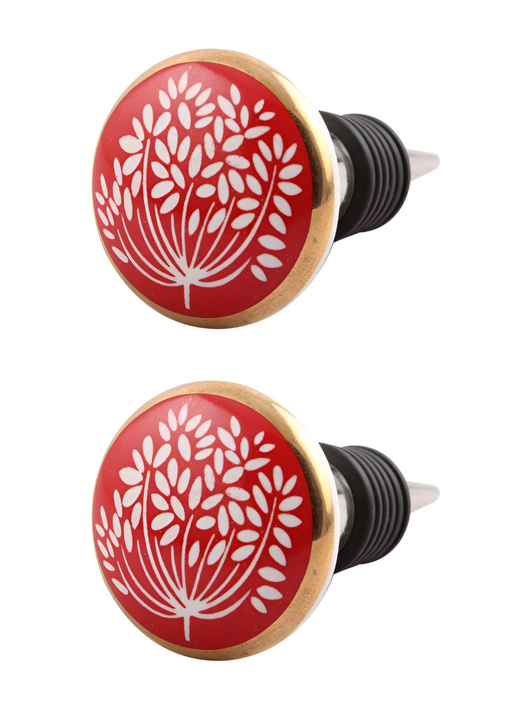 

Indianshelf Red & White 2 Pieces Wax Flower Printed Ceramic Wine Bottle Stopper