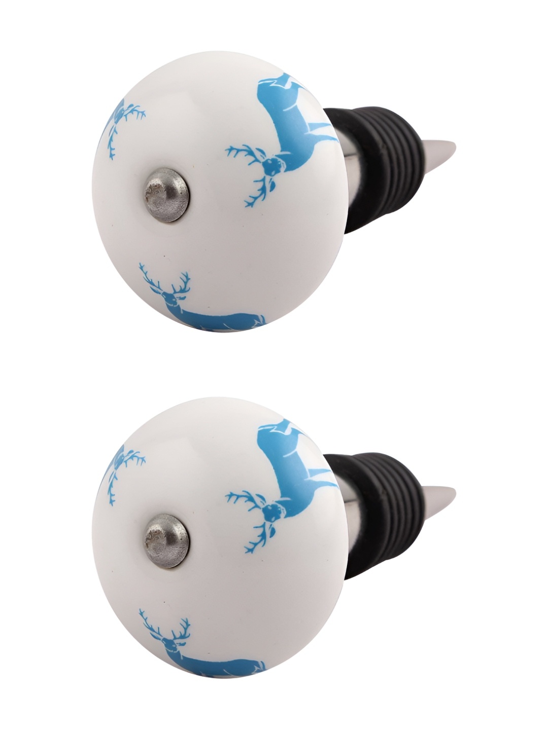 

Indianshelf Turquoise Blue & White 2 Pieces Rein Deer Printed Ceramic Wine Bottle Stoppers