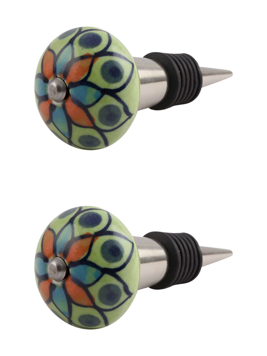 

Indianshelf Green & Brown 2 Pieces Printed Ceramic Wine Bottle Stopper