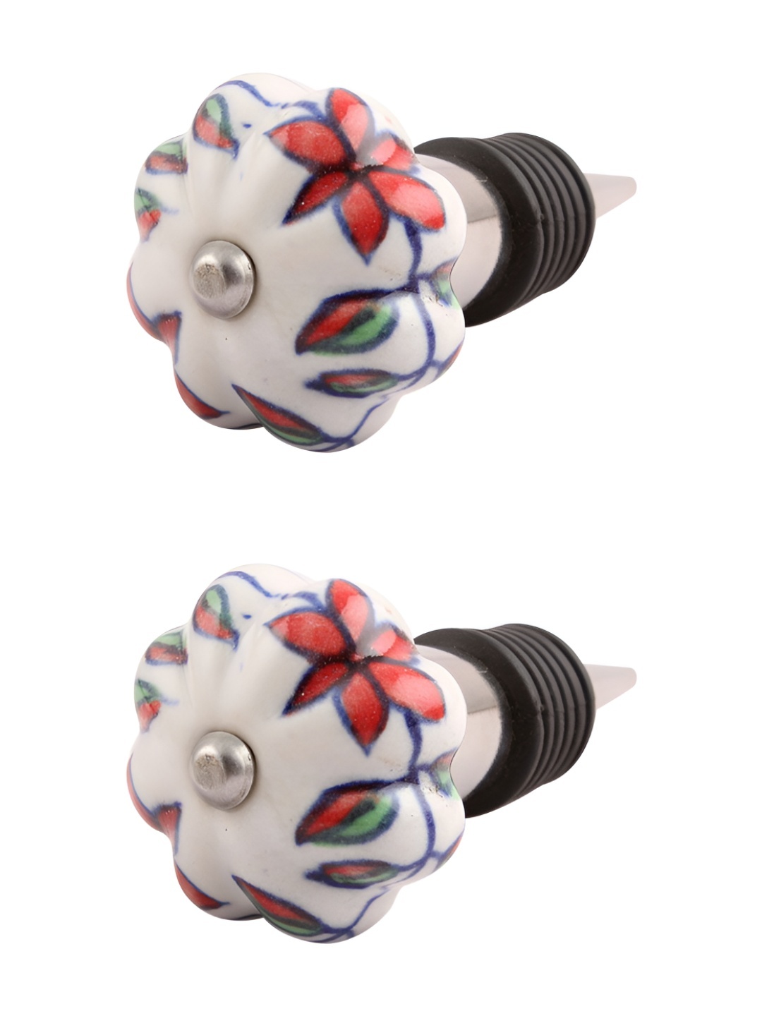 Indianshelf Red & White 2 Pieces Printed Ceramic Wine Bottle Stopper