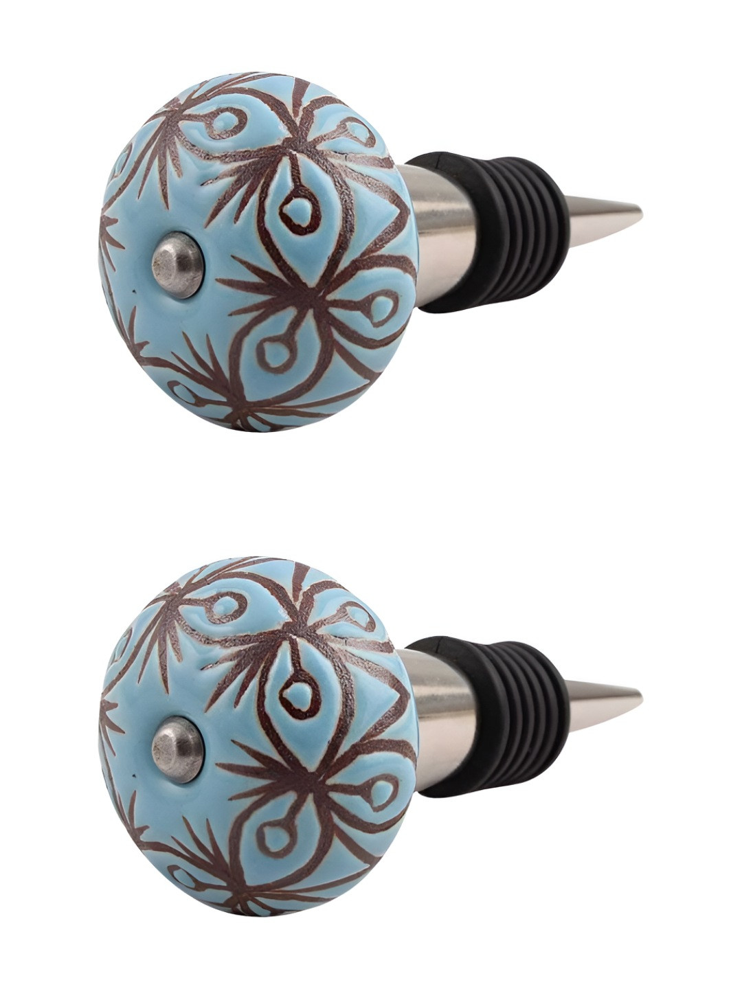 

Indianshelf Turquoise Blue and Brown 2 Pieces Floral Printed Ceramic Wine Bottle Stoppers