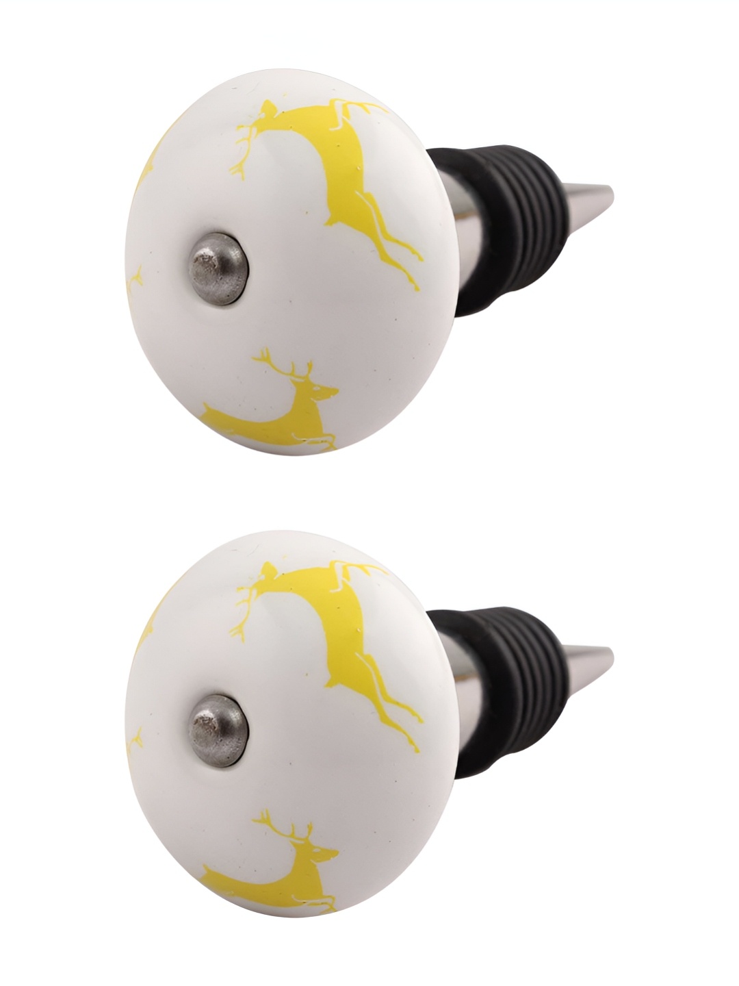 

Indianshelf Yellow & White 2 Pieces Rein Deer Printed Ceramic Wine Bottle Stopper