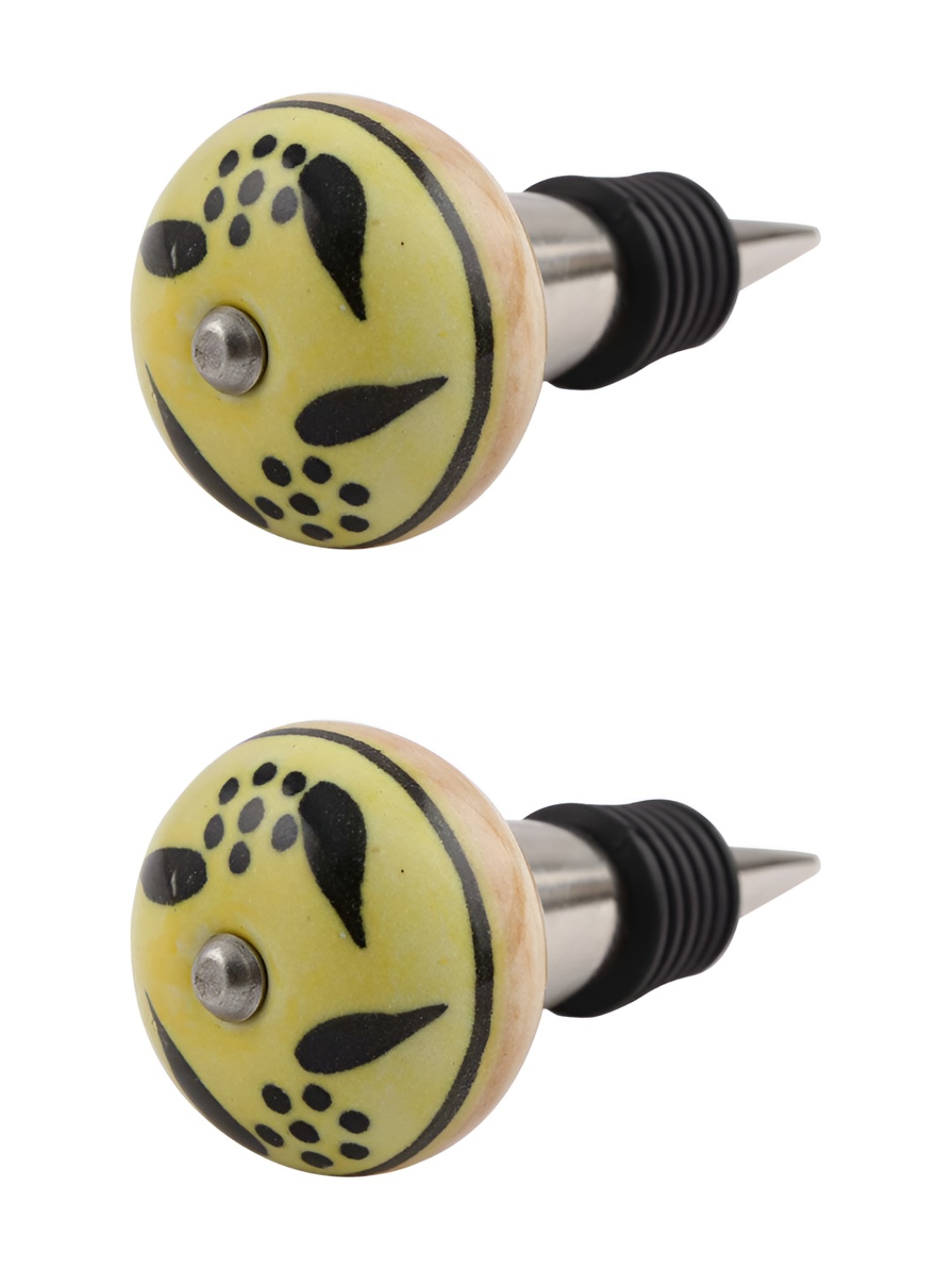 Indianshelf Yellow & Black 2 Pieces Leaf Printed Ceramic Wine Bottle Stopper