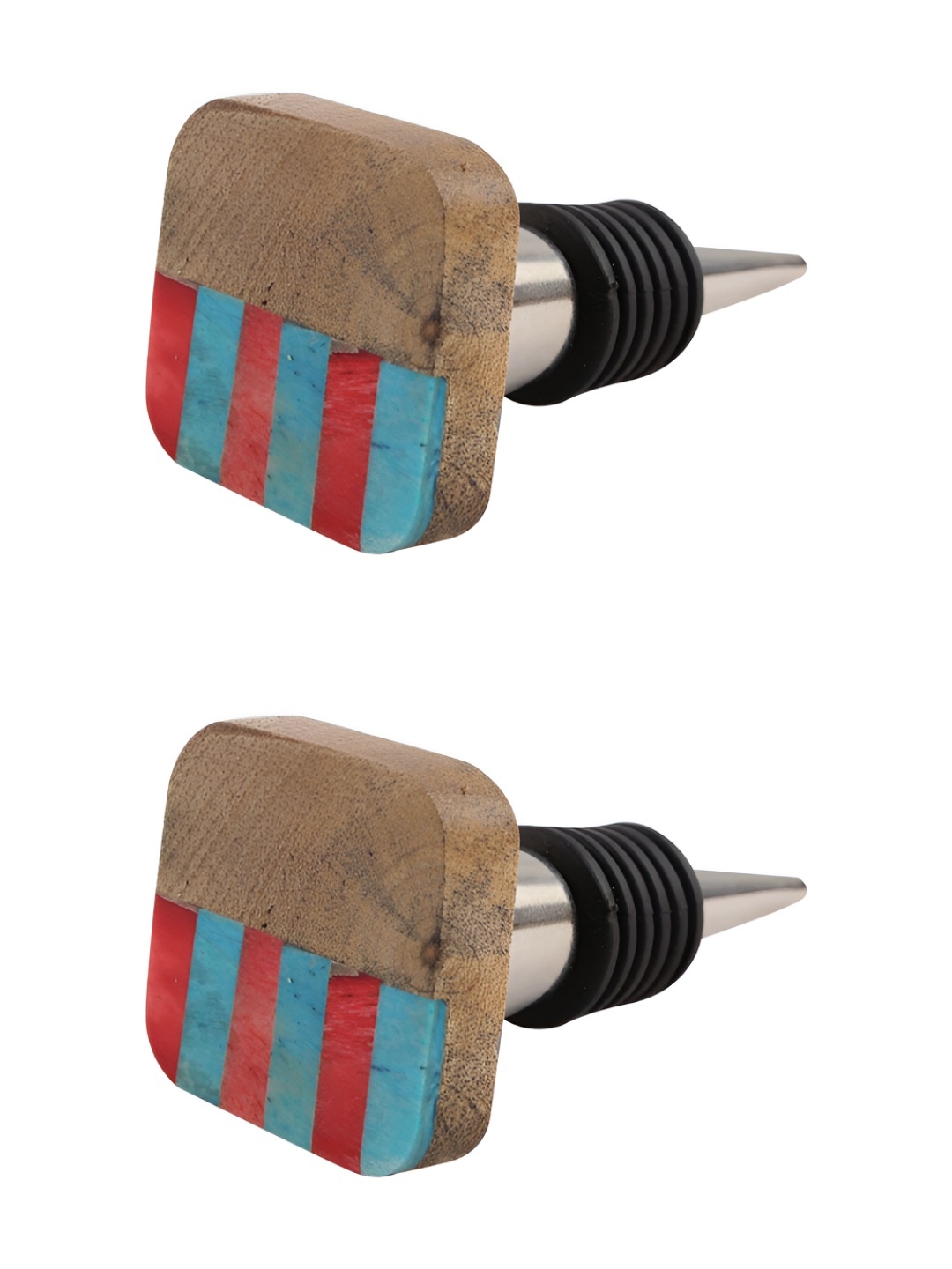 Indianshelf Brown and Red 2 Pieces Striped Printed Wooden Wine Bottle Stoppers