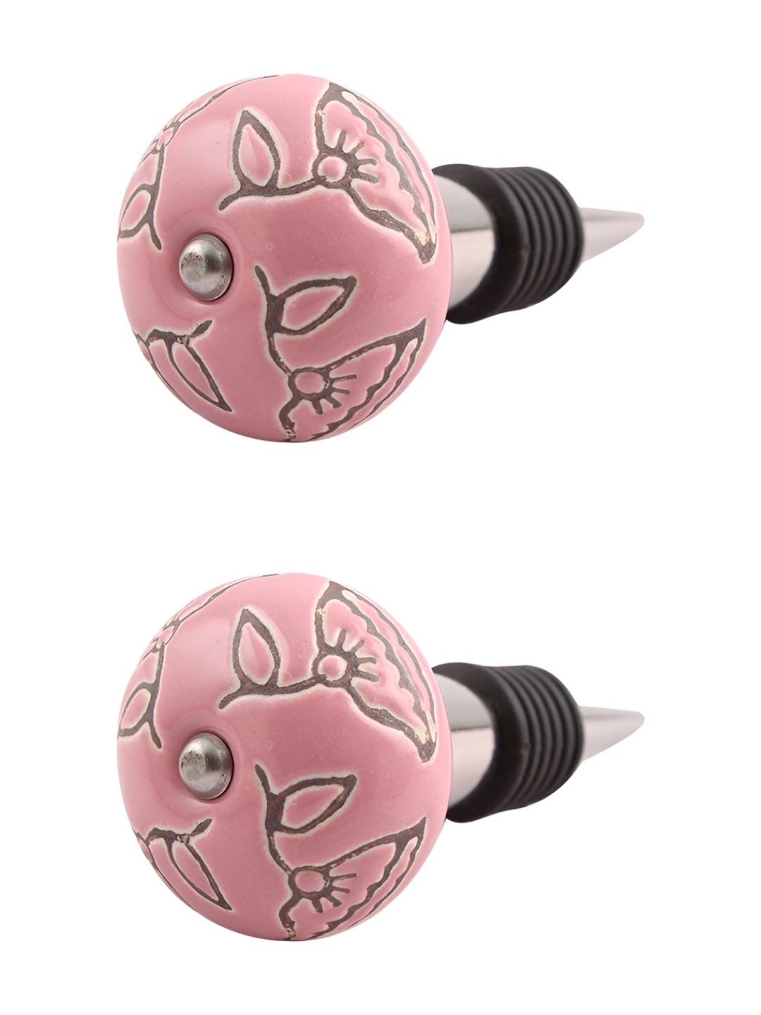 Indianshelf Pink & Brown 2 Pieces Floral Textured Ceramic Wine Bottle Stoppers