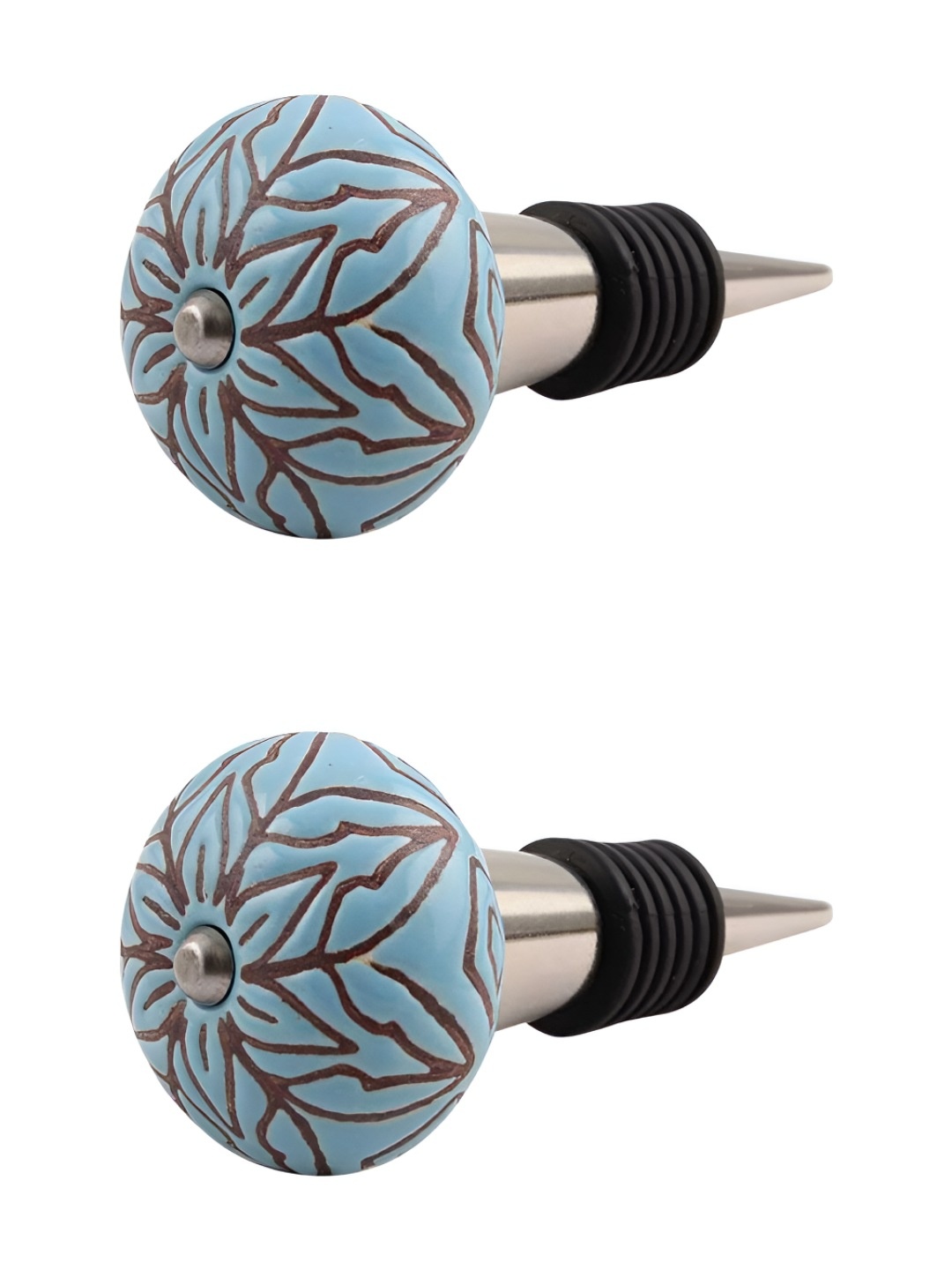 

Indianshelf Turquoise Blue & Brown 2 Pieces Printed Ceramic Wine Bottle Stopper