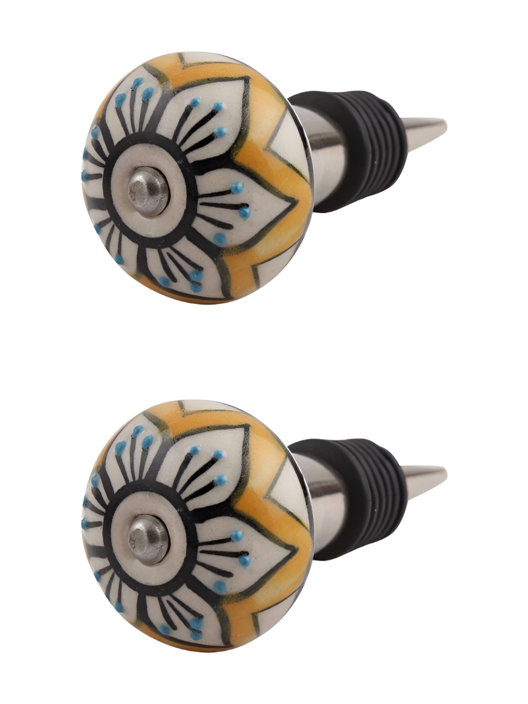 

Indianshelf Mustard 2 Pieces Flower Printed Ceramic Leak-Proof Wine Bottle Stoppers