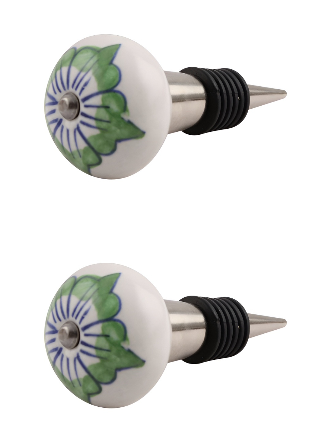 

Indianshelf White & Green 2 Pieces Lisianthus Printed Ceramic Wine Bottle Stopper