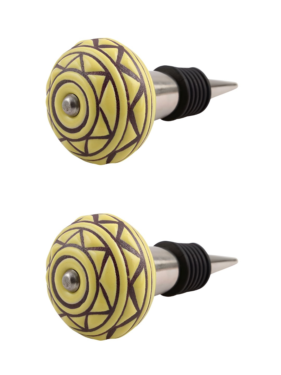 Indianshelf Yellow & Brown 2 Pieces Etched Ceramic Wine Bottle Stoppers