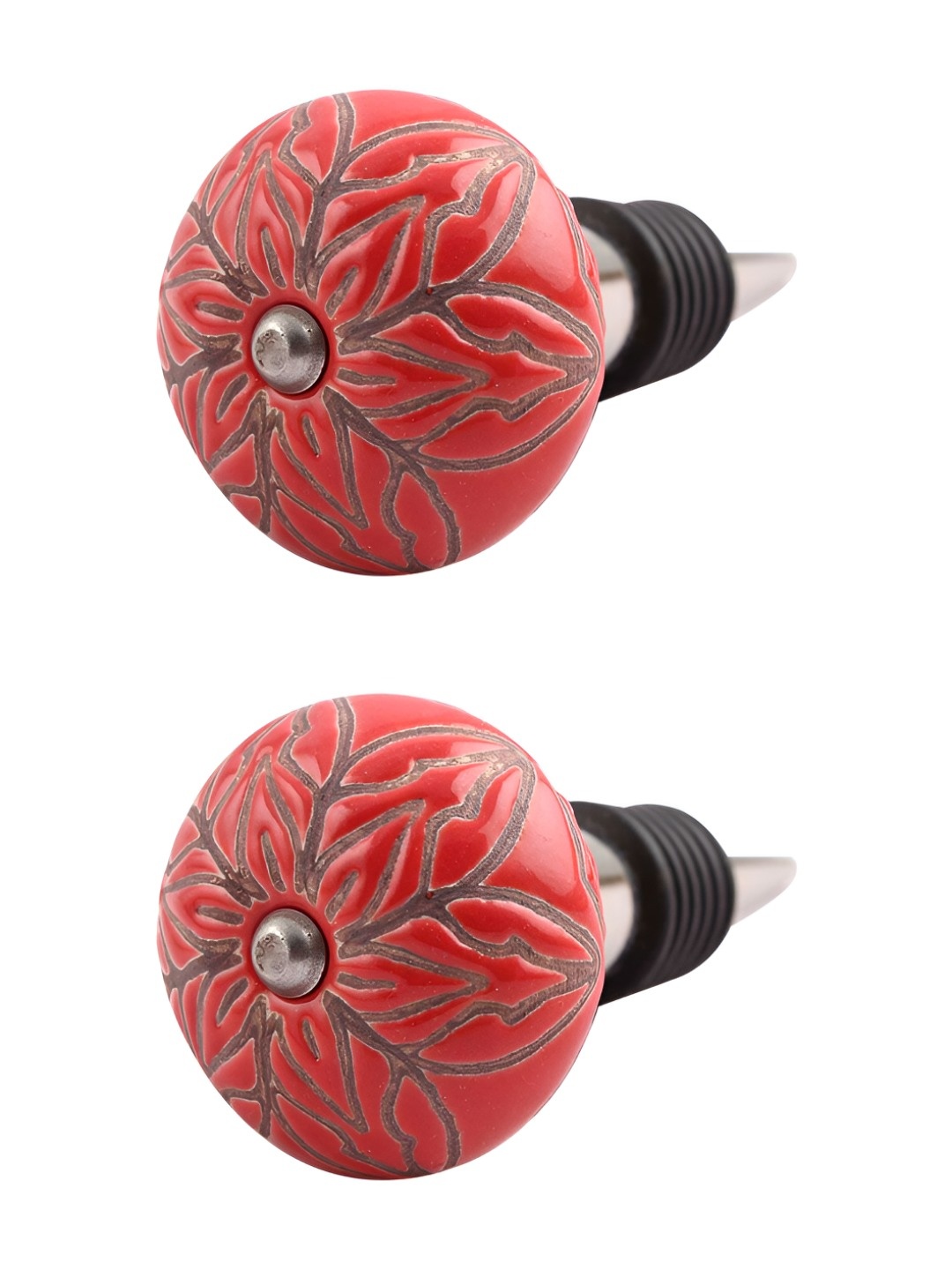 

Indianshelf Red & Brown 2 Pieces Floral Textured Ceramic Wine Bottle Stopper