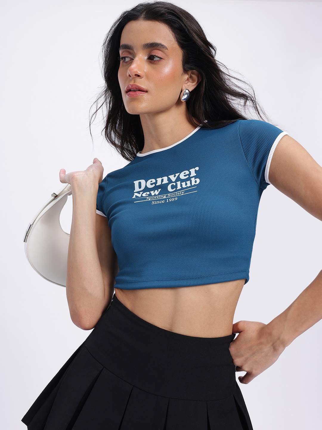 

glitchez Ribbed Rizz Typography Print Crop Fitted Top, Navy blue