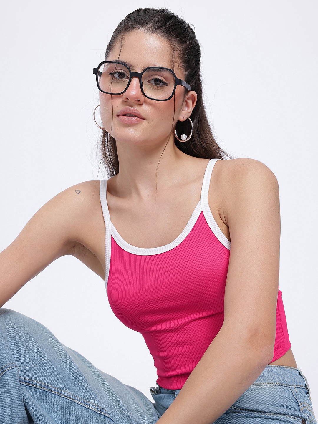

glitchez Femininity Ribs Shoulder-Straps Fitted Crop Camisole Top, Fuchsia