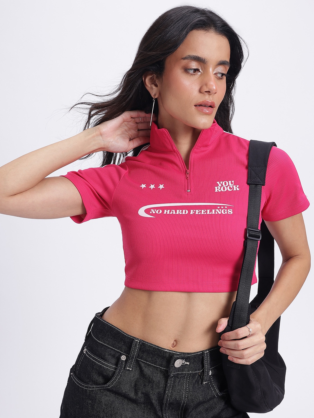

glitchez Slay-y Lettering Ribbed High-Neck Crop Fitted Top, Fuchsia