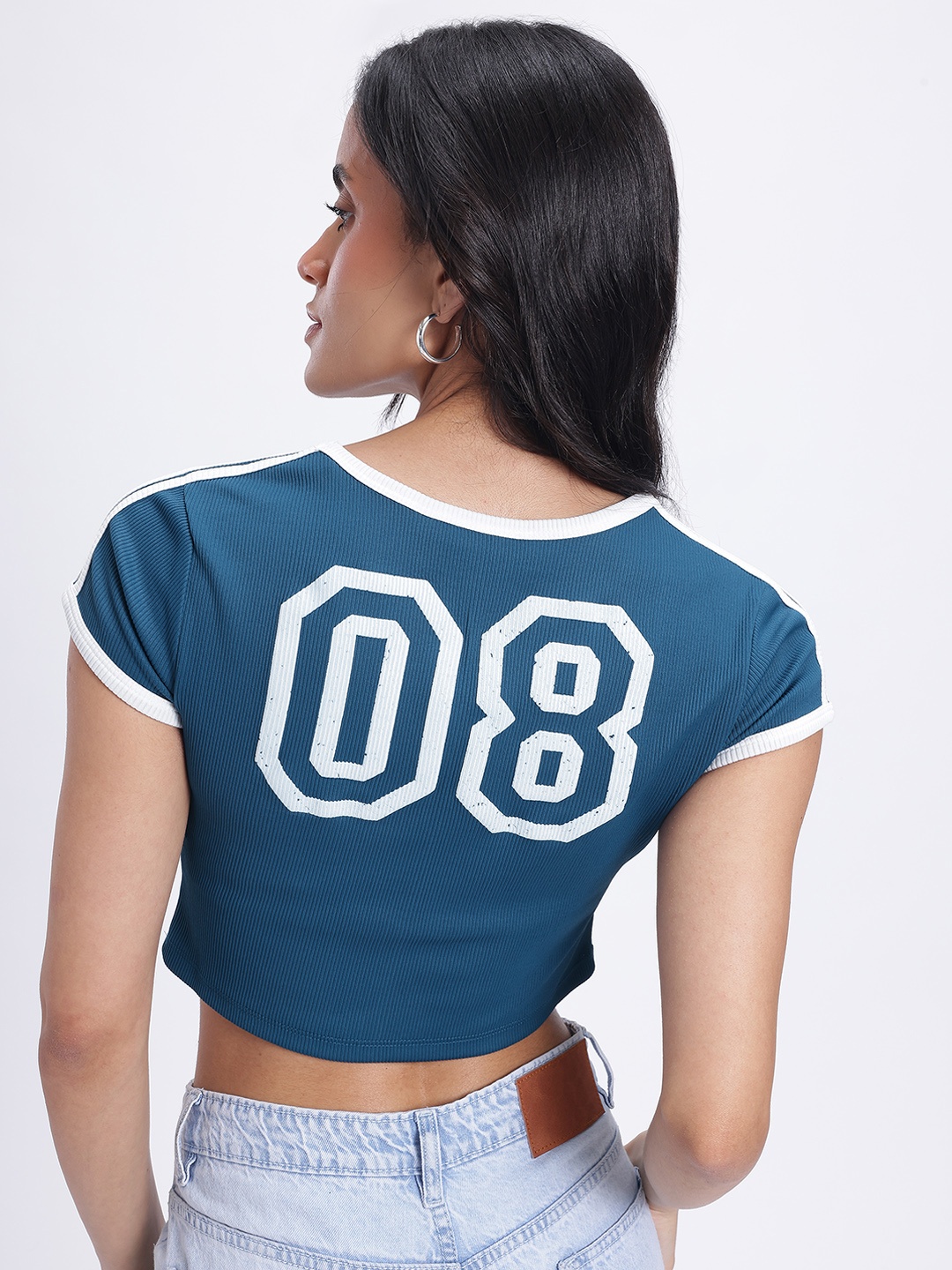 

glitchez Numeric Vibes Printed Ribbed Crop Top, Teal