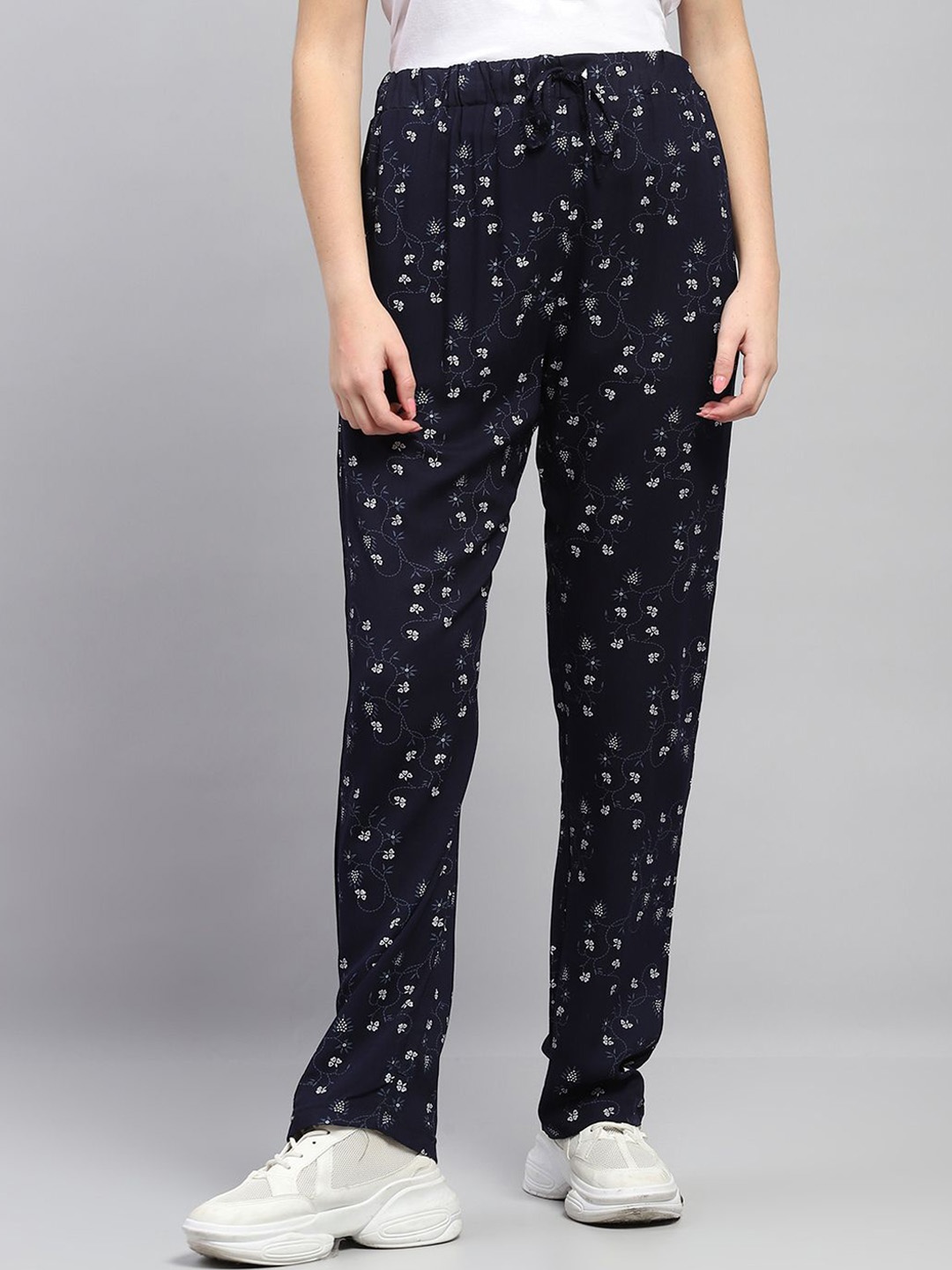 

Monte Carlo Women Floral Printed Mid-Rise Track Pants, Navy blue