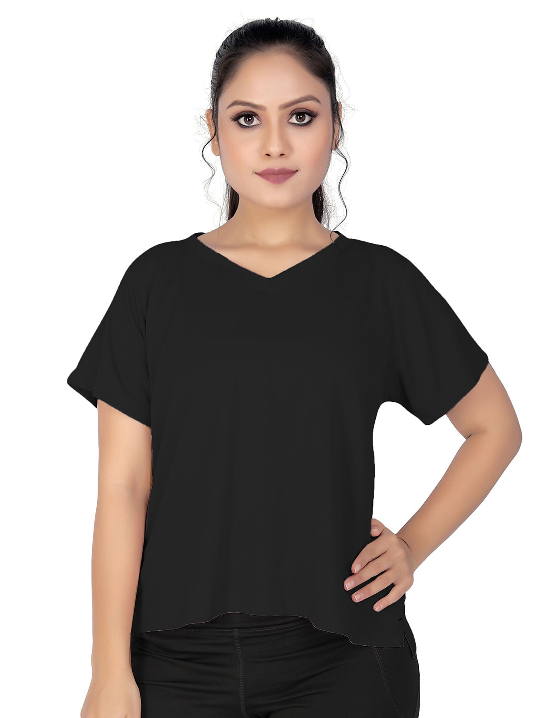 

MYO2 Women Solid V-Neck T-shirt, Black